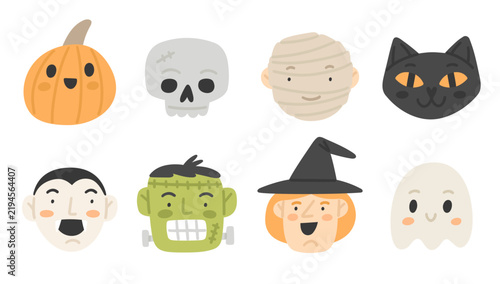 Halloween spooky characters portraits. Cute holiday vector icons. Funny faces set. 