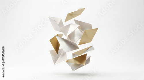 Abstract geometric composition of folded paper pieces in midair against plain backdrop