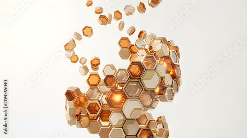Geometric hexagonal pattern explosion with metallic gold and silver 3d elements