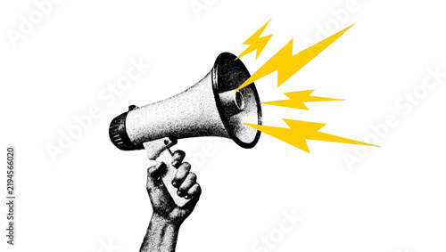 Canvastavla Hand holding megaphone emitting yellow lightning bolts, isolated on transparent