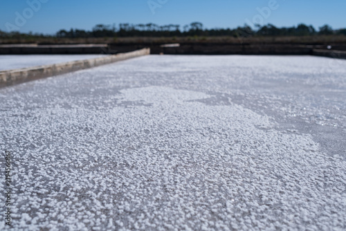  white sea salt crystals forming in evaporation pan at traditional salt marsh