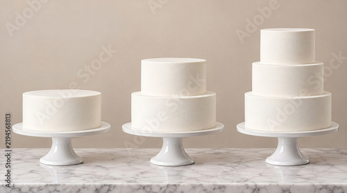Three blank white tier cakes set (1, 2, and 3 tiers) on ceramic stands on marble surface. Minimalist wedding cake mockup template for bakery size guide and celebration design.