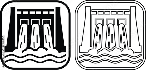 Hydroelectric power plant dam hydro energy generator eco green power icon set vector illustration with black solid and thin collection group, fully editable and isolated on a transparent background