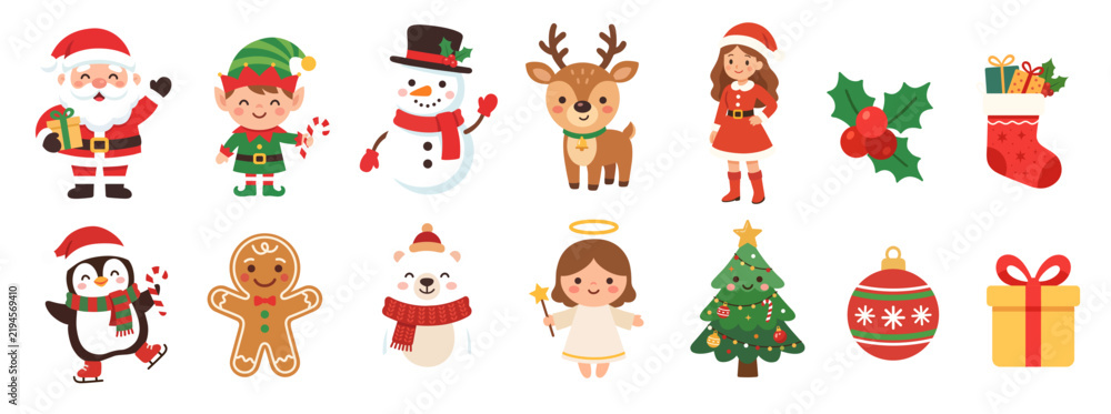Fototapeta premium Christmas cartoon characters and elements illustrations set. Festive kawaii clipart for Christmas decorations