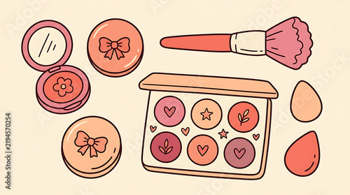 Flat vector illustration of makeup products including blush palette and brushes for beauty and cosmetics branding