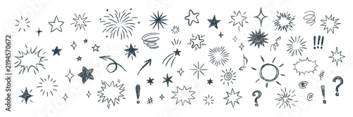 Attention marks hand drawn set with stars, bursts, sparkles, arrows, punctuation and comic accents. Notes, stickers and social graphics use attention marks in crayon doodle style, vector illustration.