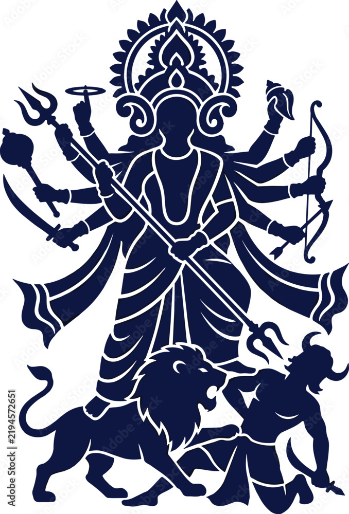 Fototapeta premium Powerful Hindu deity silhouette with elephant head multiple arms lion and traditional weapons in ornate festival artwork