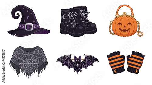 Halloween witch fashion accessories and spooky vector icons