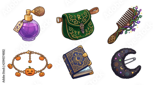 Witch accessories and magic fantasy objects set