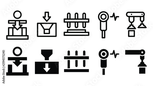 Powder Compaction Line and Solid Icon Pack For UI | powder compaction, powder, servo, forming, manufacturing - Minimal and Editable Vector Icons