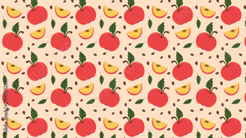 Fresh Red Apple Seamless Pattern with Apple Slices, Leaves and Seeds, Autumn Fruit Background, Hand drawn Vector Illustrations