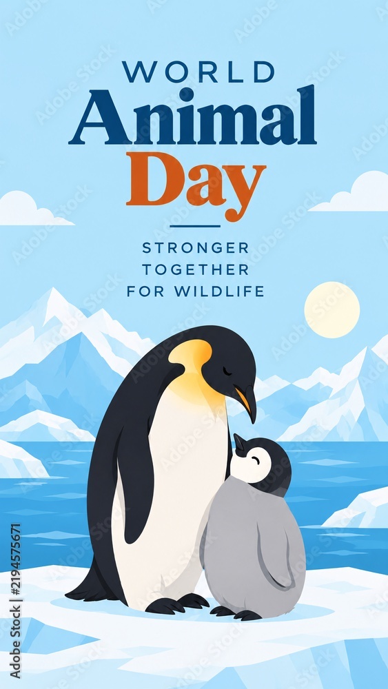 Obraz premium Adult and baby penguin standing on snowy ice floe under bright blue sky for annual world animal
