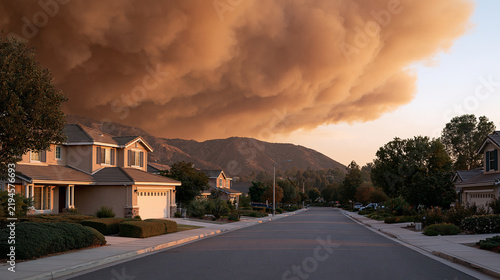Wildfire smoke turning afternoon sky deep amber above evacuated suburban neighborhood, emergency evacuation climate disaster California type fire weather extreme event community