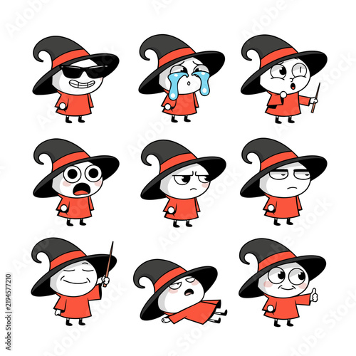 Set of cartoon wizard stickers with various funny expressions and poses on white background