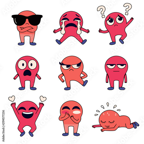 A set of cartoon red character stickers showing various emotional expressions