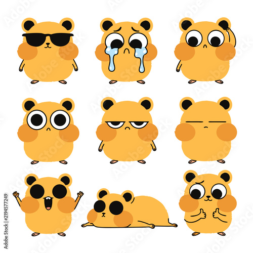 Set of cute cartoon hamster stickers showing various emotional expressions and poses on white background