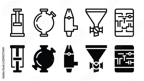 Waterjet Pumps Line and Solid Icon Pack For Cutting | waterjet pumps, high, intensifier, precision, equipment - Minimal and Editable Vector Icons