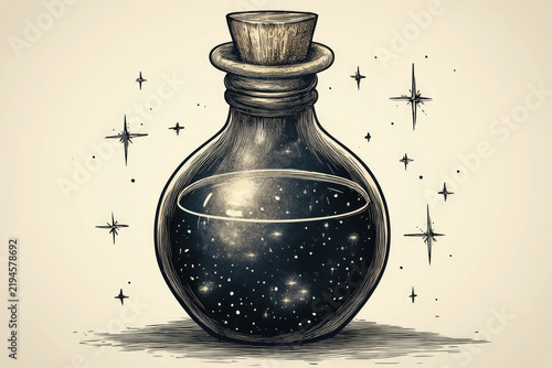 Magic Alchemy Potion Bottle with Celestial Elements