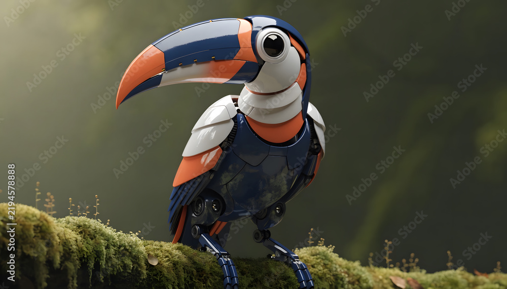 Obraz premium Robotic mechanical toucan bird in tropical forest. Bionic wildlife and robotics technology. Cybernetic animal perching on a mossy branch in natural wilderness
