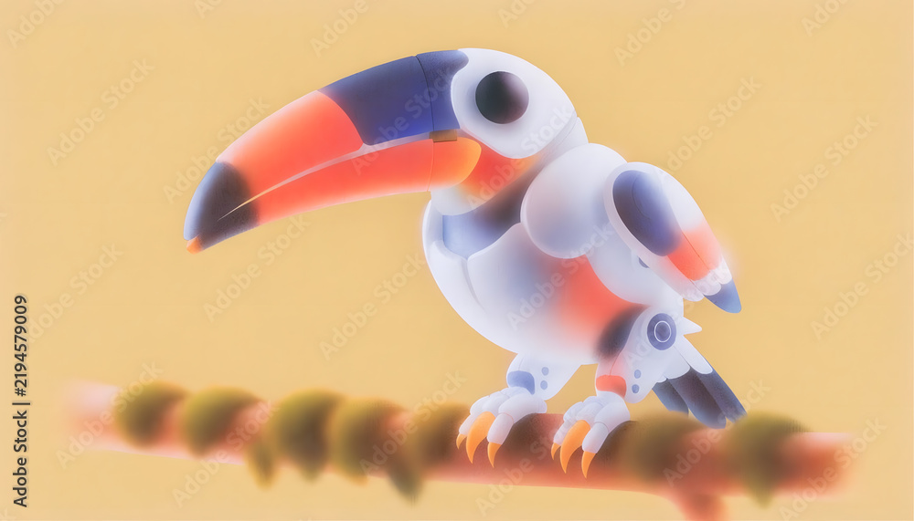 Obraz premium Stylized frosted bionic toucan bird on perching bar. Minimalist robotics and modern toy design. Translucent mechanical tropical bird perching on mossy branch