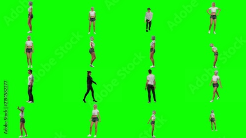 Simulated characters demonstrating heavy object lifting, moving weight, and carrying stances, isolated on green chroma background to enrich architectural visualisations and feature film sets.
