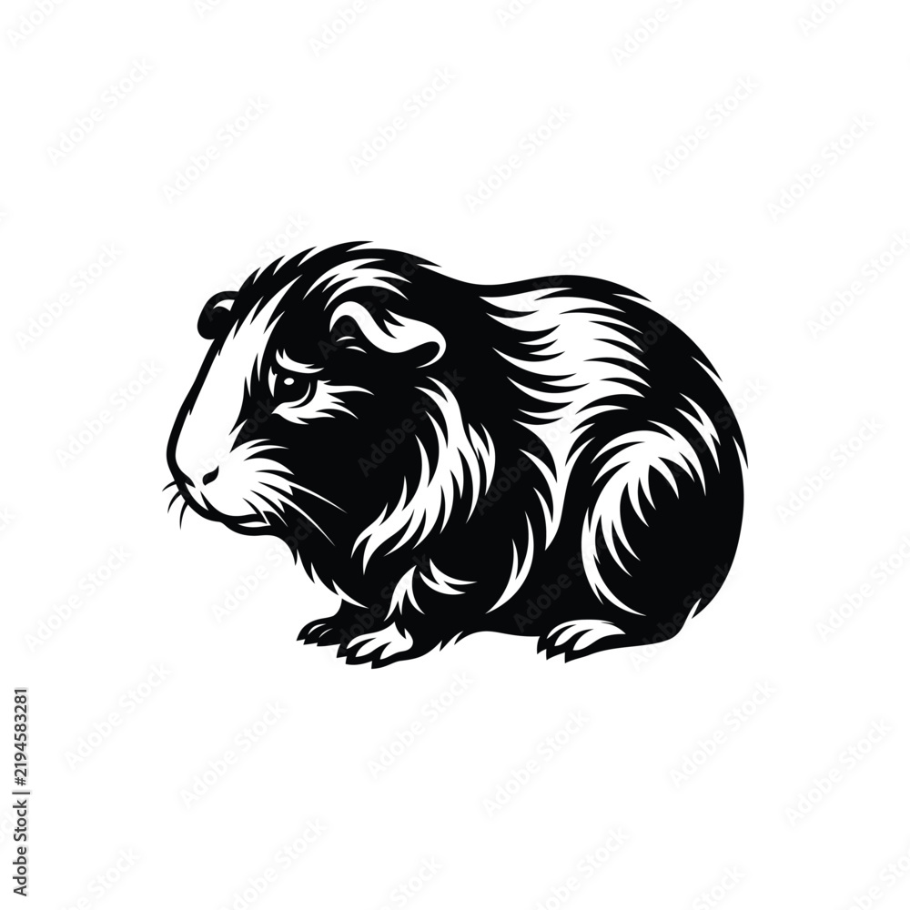 Fototapeta premium Black and white illustration of a cute fluffy guinea pig sitting in a simple profile view