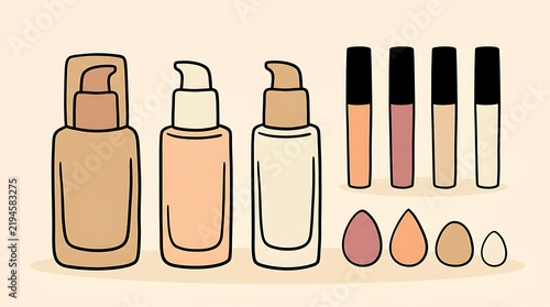Hand drawn illustration of liquid foundation bottles and makeup sponges