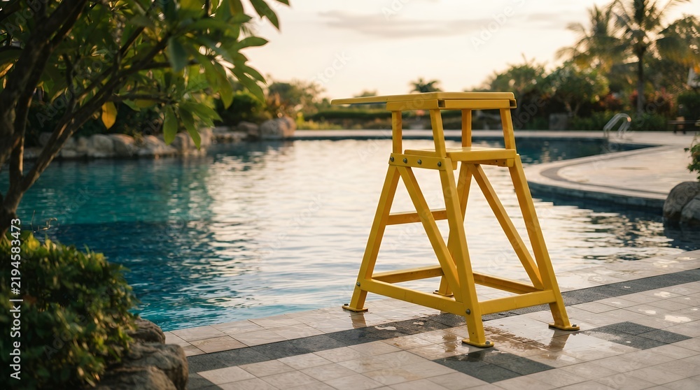 Fototapeta premium Yellow lifeguard chair by a luxury swimming pool, tropical resort poolside at sunset, empty wooden lifeguard stand for water safety and surveillance