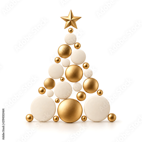 Minimalist christmas tree made of golden and white spherical ornaments with star