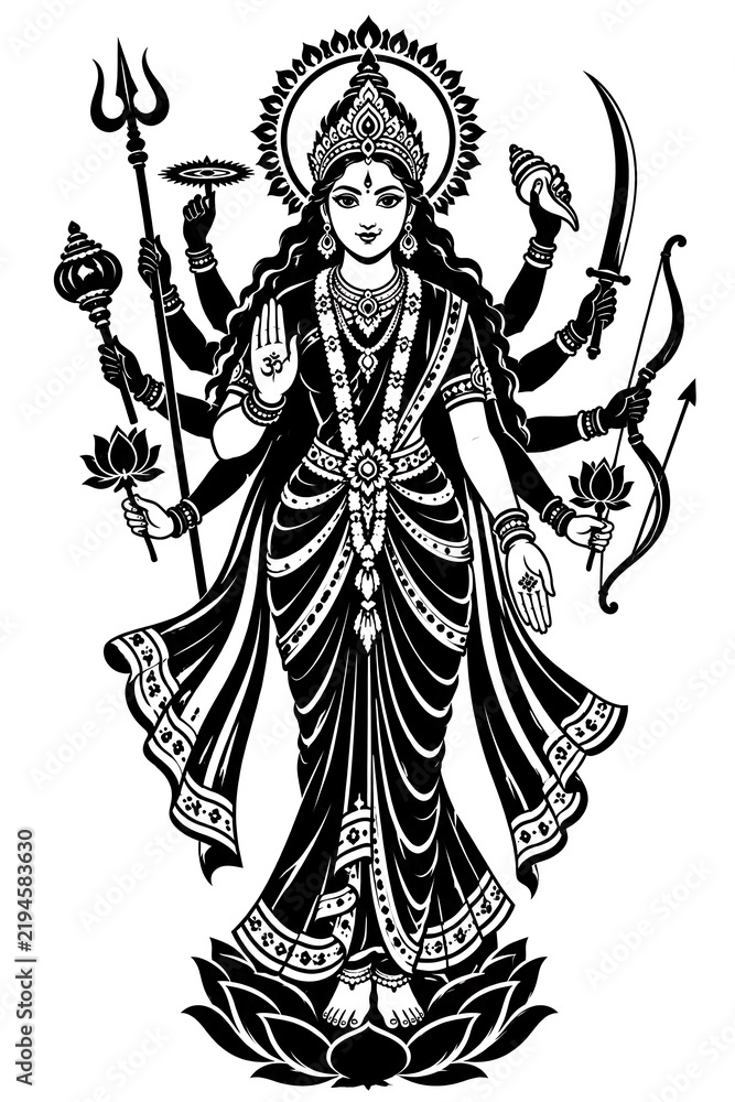 Fototapeta premium Durga Maa Silhouette with Traditional Weapons and Lotus Black Line Art