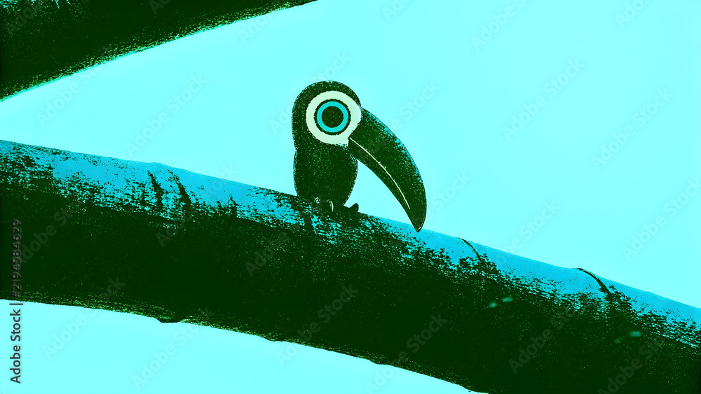 Obraz premium Minimalist duotone toucan bird silhouette on branch. Screen print and graphic poster concept. Tropical bird sitting under stylized palm leaves