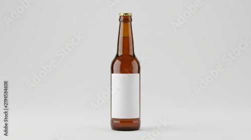 Amber glass bottle with blank white label on a plain background.