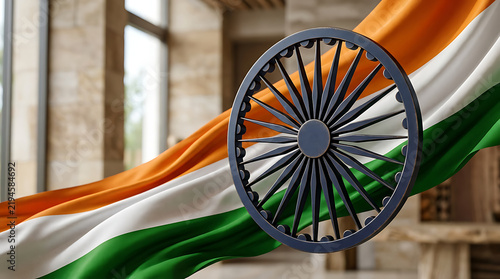 Innovative display featuring the tricolor of the Indian national flag with a unique circular emblem design and flowing fabric