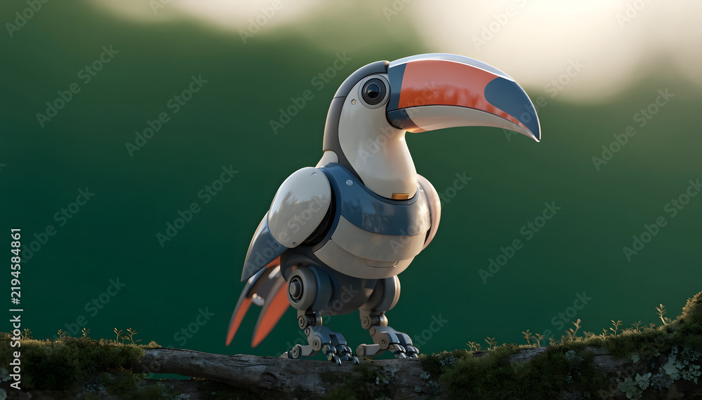 Obraz premium Futuristic robotic toucan bird in natural habitat. Cybernetic fauna and bioengineering concept. Mechanical animal perching on tree branch