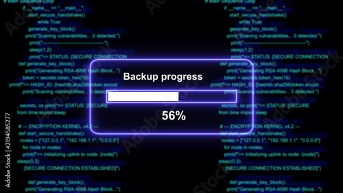 Dynamic digital backup progress bar loading on a futuristic dark background, with scrolling software, source code lines, representing data transfer, system synchronization, and, advanced cyber