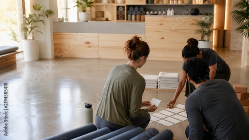 Fitness studio team planning class setup with blank cards