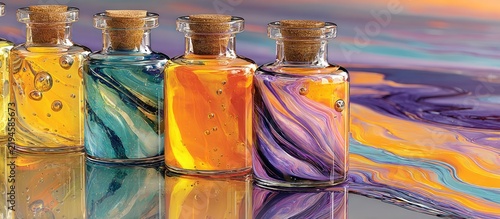 colorful oil bottles on reflective surface.