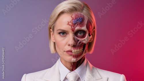 Elegant young man in a white tuxedo with slicked-back platinum-blonde hair, featuring dramatic decaying skull special-effects makeup and vivid pink, purple, crimson, and blue tones.