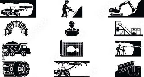 Tunnel Construction and Underground Mining Icons Set, Tunnel Boring Machine TBM, Dump Truck, Rock Drilling Rig, Miner, Headframe, and Geological Survey Silhouettes Vector