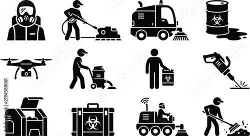 Industrial Cleaning and Hazardous Waste Disposal Icons Set, Hazmat Biohazard Cleanup, Street Sweeper Vehicle, Surveillance Drone, and Pressure Washing Vector Silhouettes