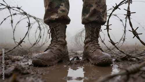 Mud-covered military combat boots standing on wet uneven ground between tangled coils of barbed wire in a foggy, desolate landscape.