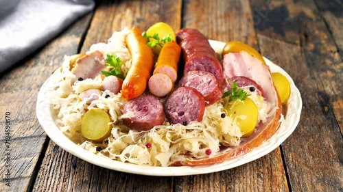 traditional alsatian sauerkraut with sausages pork and potatoes on rustic wooden table