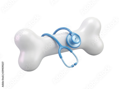 White anatomical bone wrapped with a blue medical stethoscope isolated on transparent background healthcare