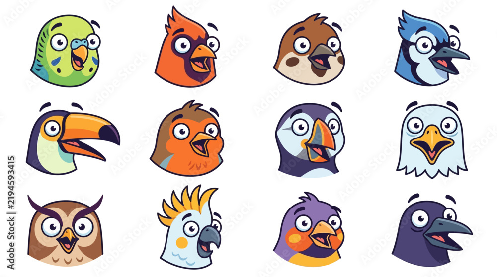 Obraz premium Set of funny cartoon bird character face avatars.