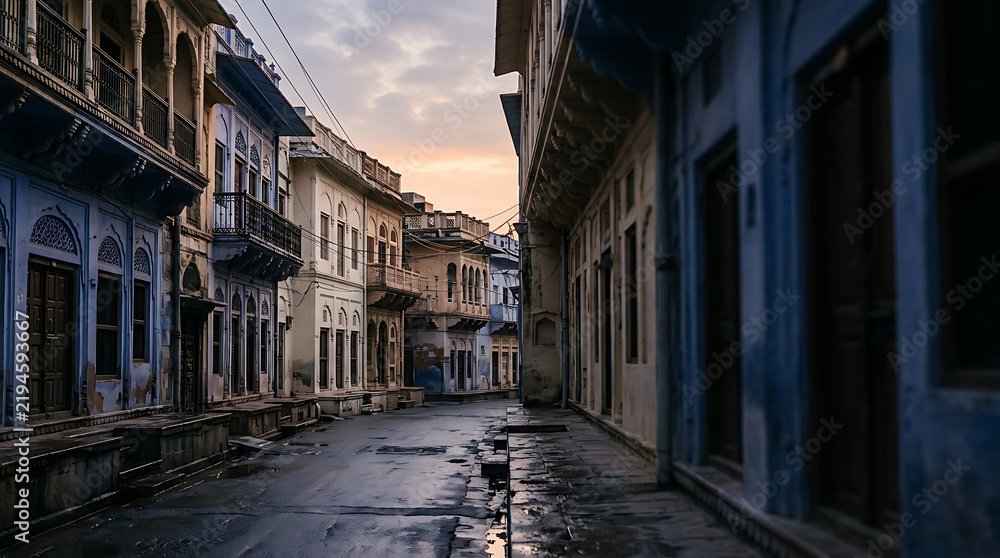 Fototapeta premium Serene empty street in historic old town with charming traditional architecture during sunset casting warm glow on abandoned