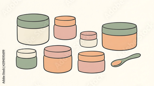 Collection of cosmetic jars and spatula on a white background for skincare products