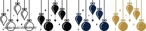 Christmas bauble icon set with hanging ornaments outline and silhouette holiday decoration isolated on white background
