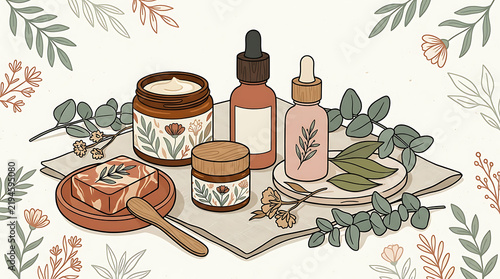 Organic skincare products with botanical ingredients in a flat illustration