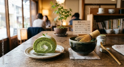 Matcha roll cake with traditional Japanese green tea set on a wooden table in a cozy cafe.