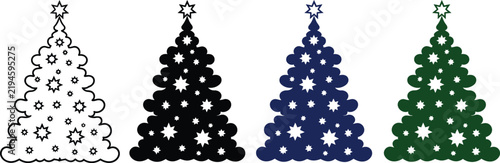 Christmas tree icon set with stars outline and silhouette holiday symbols isolated on white background